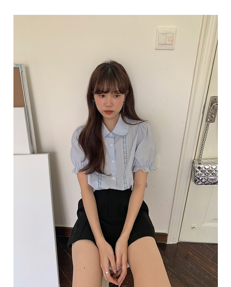 【歌铭】法式复古蕾丝娃娃领减龄衬衫女装夏季新款短袖开衫Y1417F详情16