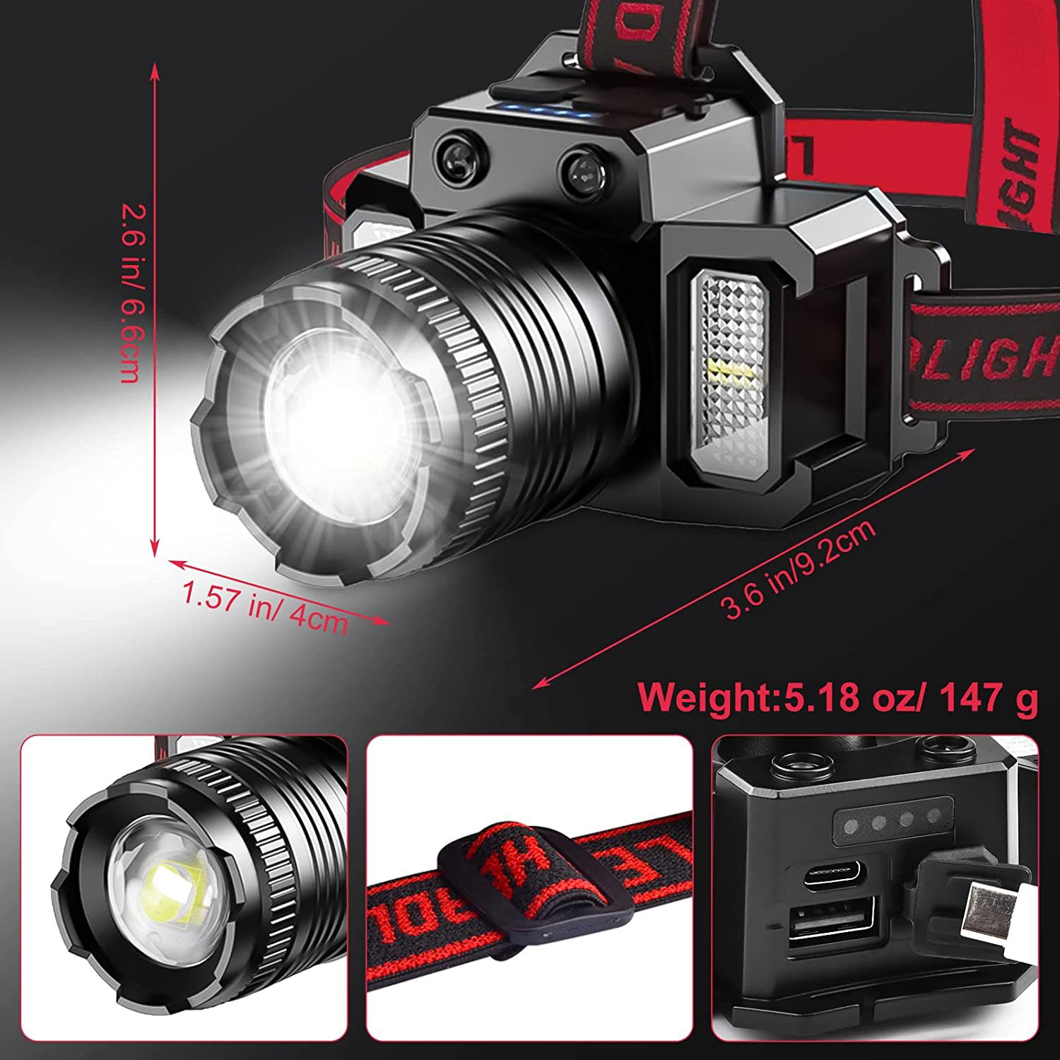 Other all-in-one outdoor smart LED headlamps: strong light, rechargeable, long-range sensor, battery level display, zoom, disaster prevention flashlight, outdoor headlamps pic 3