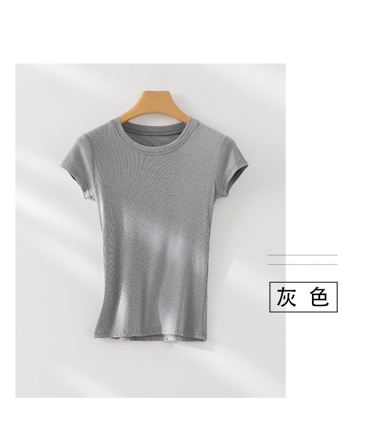 韩版简约针织短袖T恤女夏季新款小众设计感修身百搭圆领纯色上衣详情20