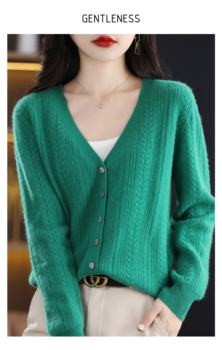 绒狼2023秋冬新款女士V领羊毛针织麻花开衫宽松长袖短款外套女详情14