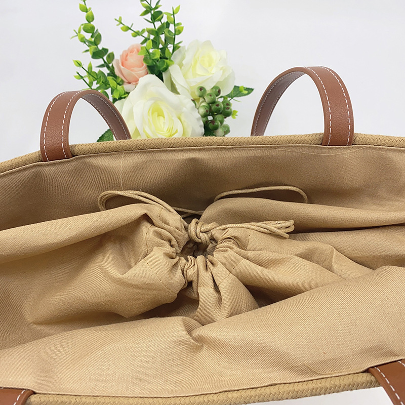 批发编织束口手提包复古休闲拼色手提夏季海边沙滩度假包女详情8