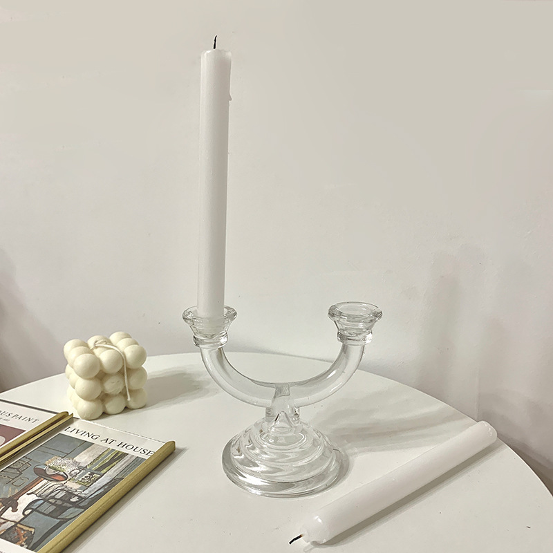 透明水晶玻璃烛台法式浪漫双头树杈形玻璃蜡台简约婚庆装饰摆件详情6
