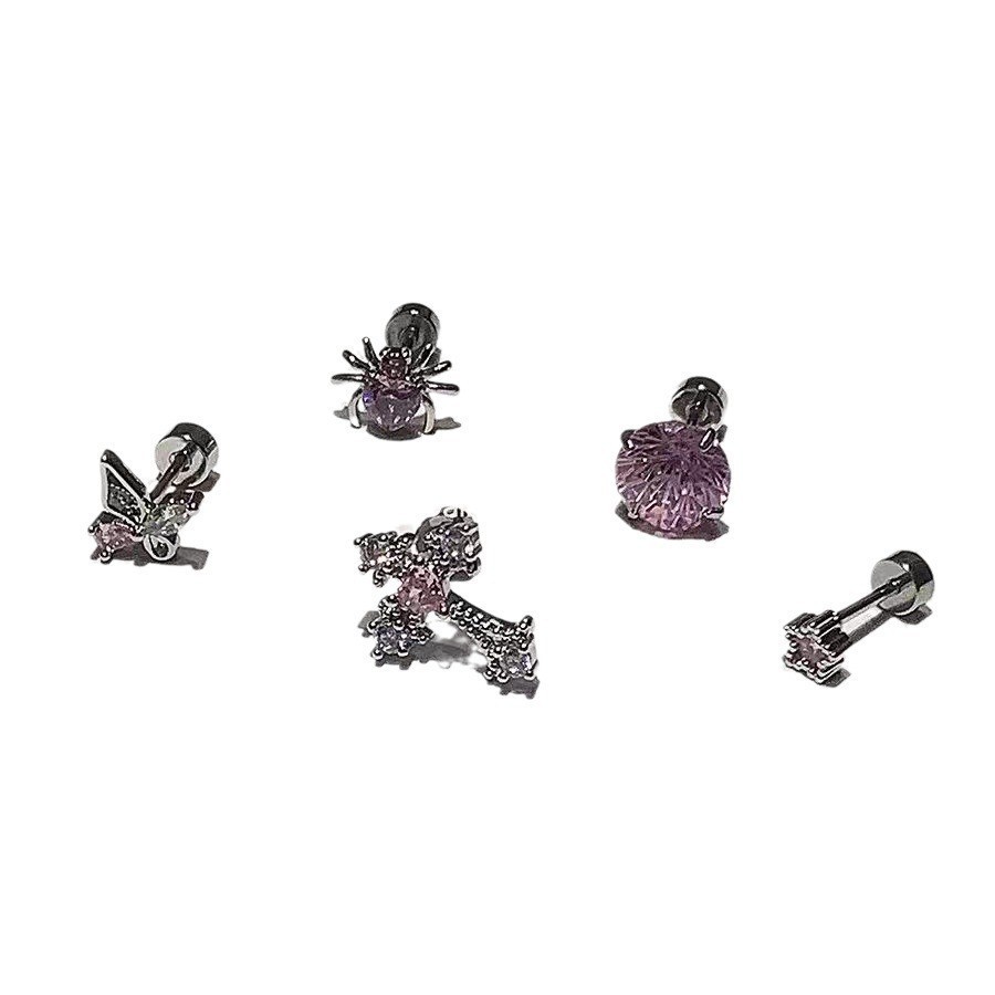The new pink zircon cross ear bone stud titanium steel screw firework cut cochlear stud butterfly earrings are very stylish pic 10