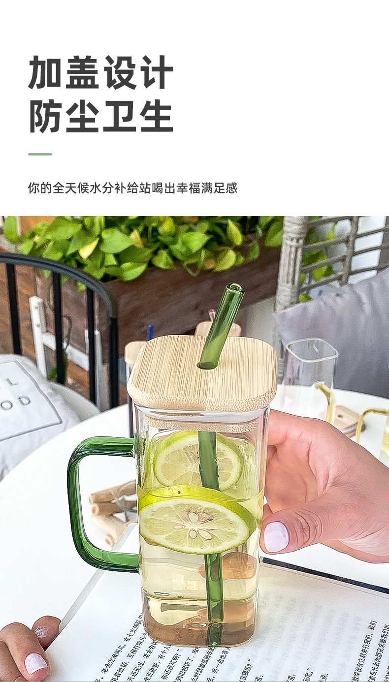 Square glass cup, transparent, simple, heat-resistant, lid with straw, breakfast milk juice with handle, water cup for children pic 6