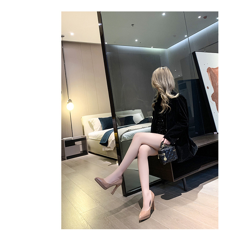 Pointed-toe nude high heels for women, 2023 new style, simple, fashionable and versatile, patent leather shallow toe square heel single shoe pic 15