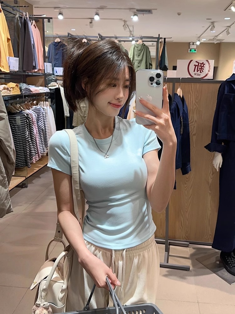 白色短袖打底衫内搭t恤女2024夏季新款显瘦修身辣妹短款正肩上衣详情10