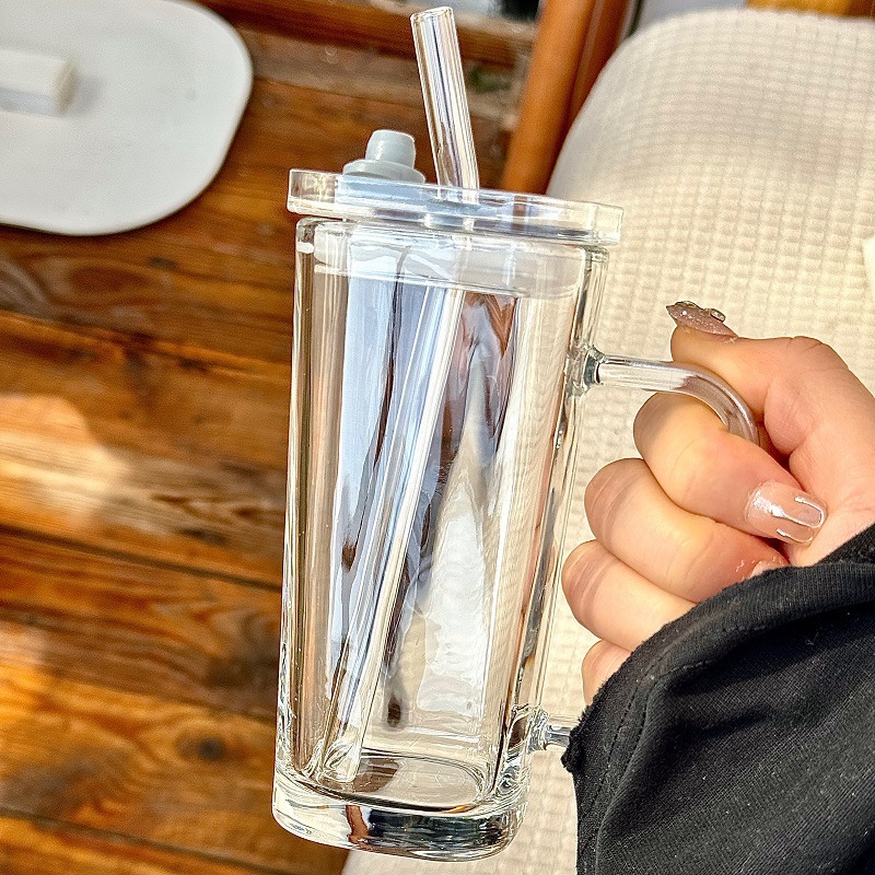 透明带把手玻璃水杯 高颜值夏季果汁杯条纹带盖吸管杯子方玻璃杯详情10