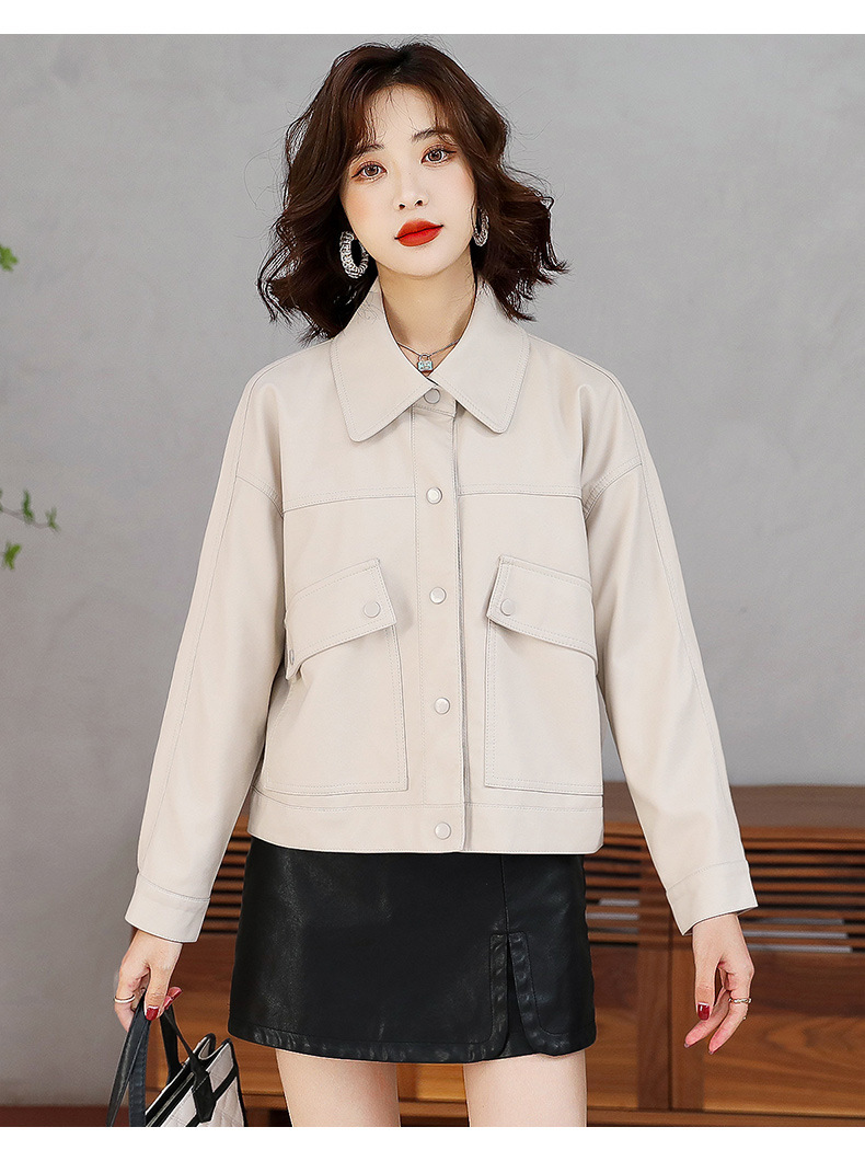 2022春秋装新款女式PU皮衣时尚翻领单排扣小个子帅气机车服短外套详情10