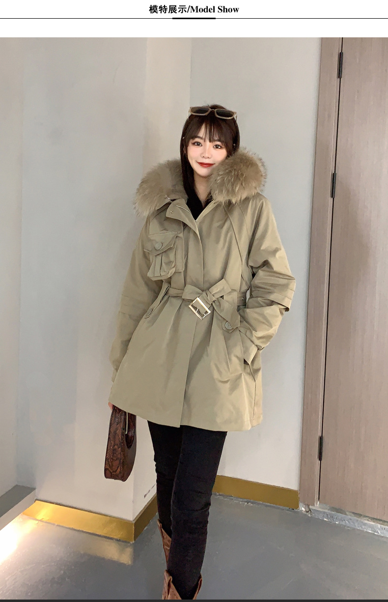 This is a mid-length winter Korean-style fashionable lace-up jacket with a cinched waist and a stylish large fur collar, designed with a rabbit fur inner liner pic 3