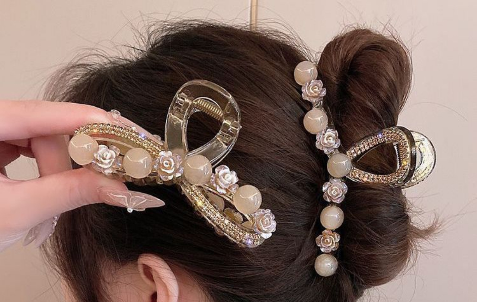 Elegant little camellia flower bead claw clip, large hair volume, high-end updo shark clip for women at the back of the head pic 10
