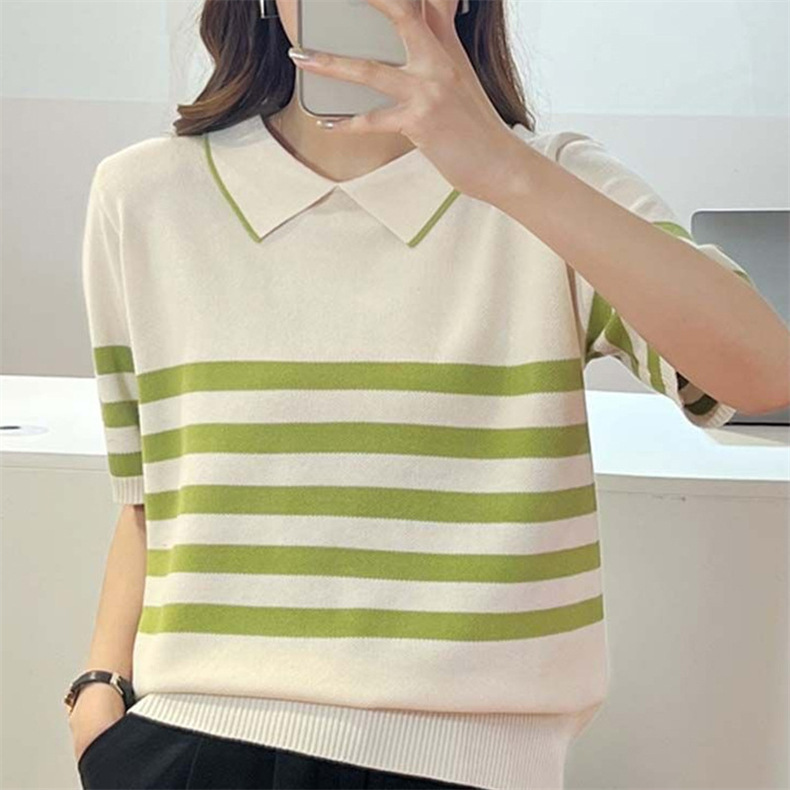 Color-blocking striped short-sleeved knitted sweater, summer Korean-style simple commuting ice silk top, pullover, base layer, lapel T-shirt for women pic 5