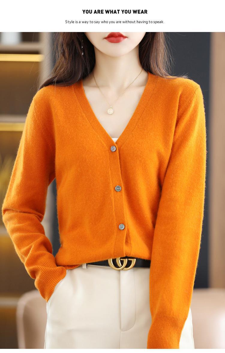 New Spring and autumn knitted cardigan for women, V-neck loose short solid color long-sleeved versatile sweater coat made of wool blend pic 38