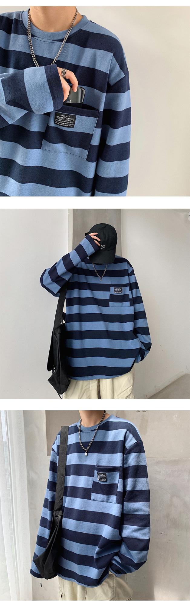 Cross-border striped T-shirt for women 21 New striped long-sleeved T-shirt for women on Instagram Harajuku loose Korean-style top in stock pic 3