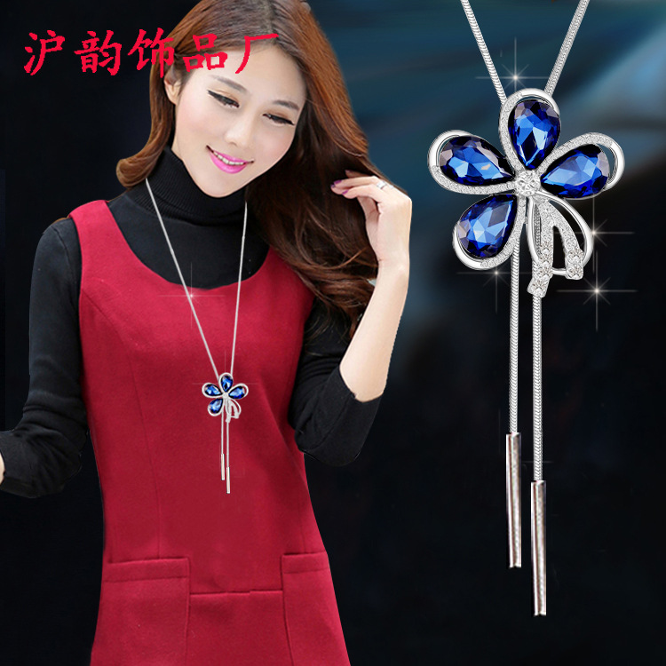 Korean-style fashionable and versatile sweater chain long necklace, with a unique and elegant style and a high-end feel. Blue crystal flower tassel decoration pic 16