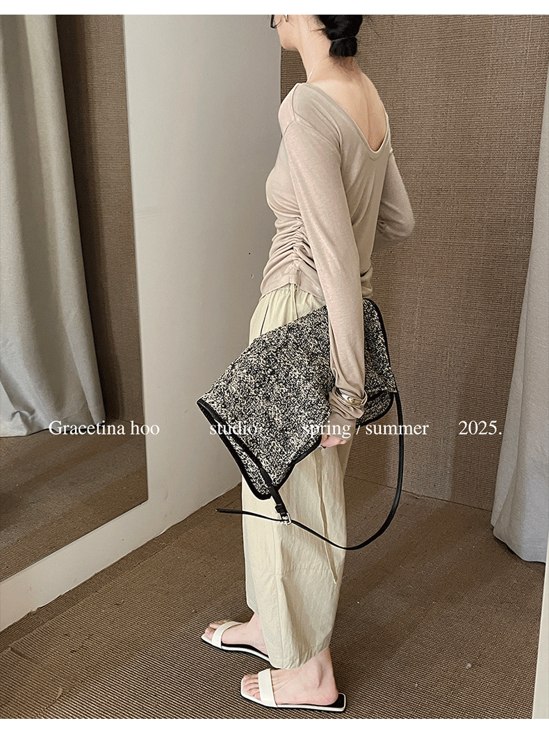 Early spring new collection of 2025, a simple and laid-back two-wear T-shirt with a basic U-neck and a large ribbon for women pic 18