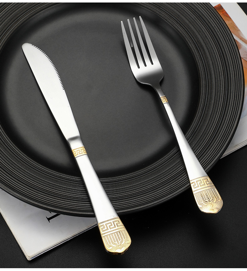 不锈钢皇冠镀金酒店牛排西餐刀叉勺套装花纹刀叉勺四件套可加详情13