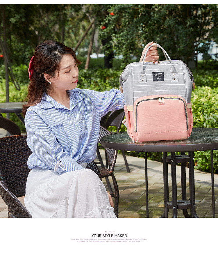 The 2021 new simple and fashionable striped mother and baby backpack can be hung on a stroller, a multi-functional mom bag, and a large-capacity maternity bag pic 19