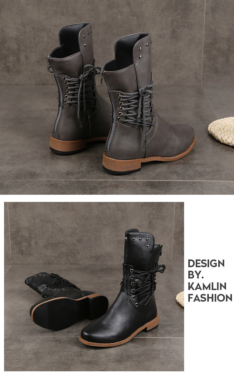 跨境外贸中筒靴女秋冬新款欧美柳钉低跟骑士靴纯色后拉链女式皮靴详情5