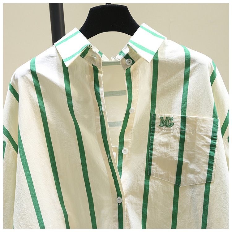 棉2024春秋新款韩版小清新百搭开衫条纹印花单口袋宽松长袖衬衫女详情11