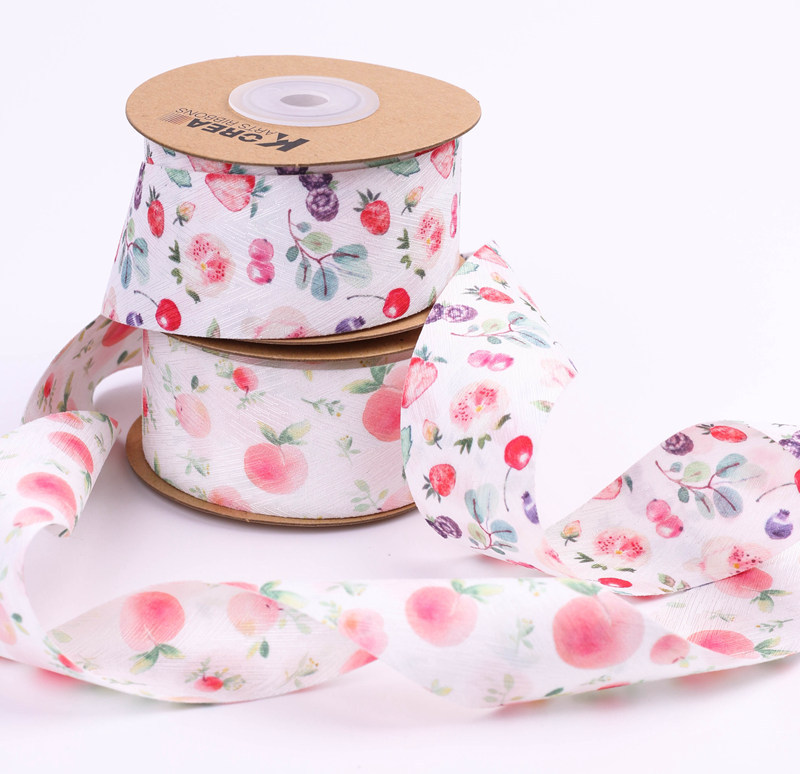 Glossy diagonal triangular pattern peach, strawberry and cherry printed ribbons DIY bow hair accessories Bow tie top hats fruit ribbons pic 7