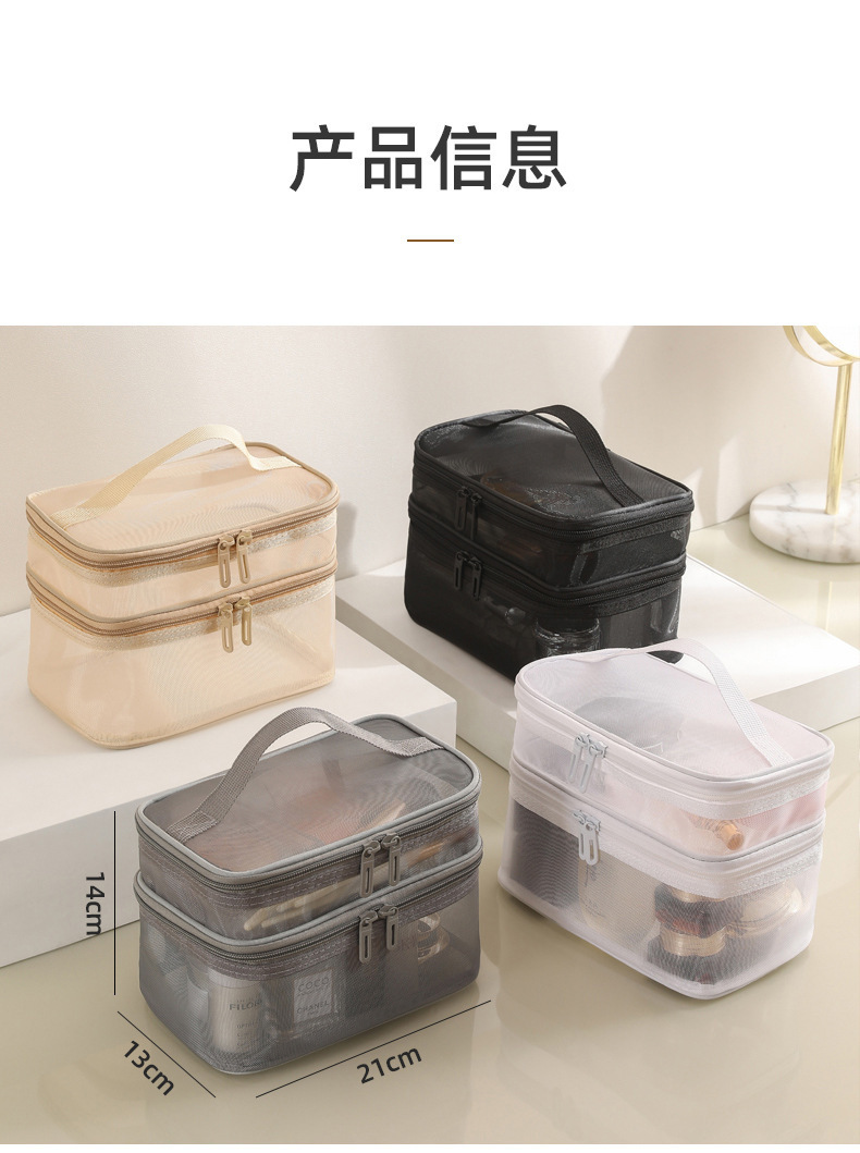跨境现货新款手提包化妆包便携式透明大容量双层网纱洗漱收纳包袋详情13