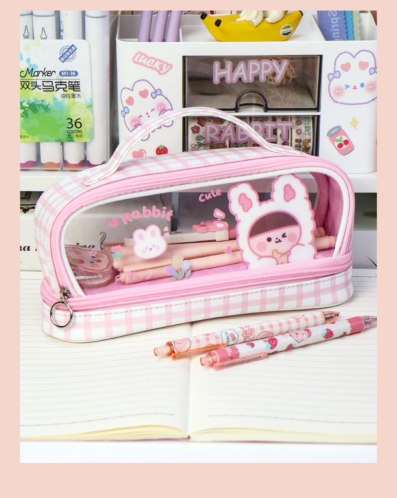 Multi-functional double-window transparent stationery bag, large capacity cute hand-held waterproof grid pen case for Japanese and Korean Instagram girls pic 11