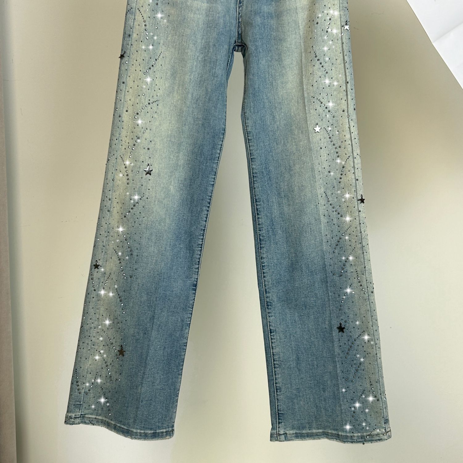 欧洲站烫钻钉珠星星水洗牛仔裤女新款高腰宽松直筒拖地裤详情4