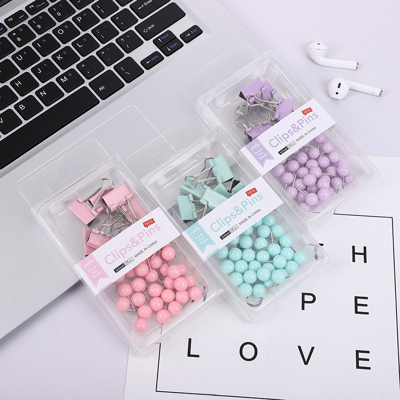Cross-border 2-in-1 office combo set, macaron-colored large and small paper clip, ticket holder, thumbtack, swallowtail clip, box set pic 3