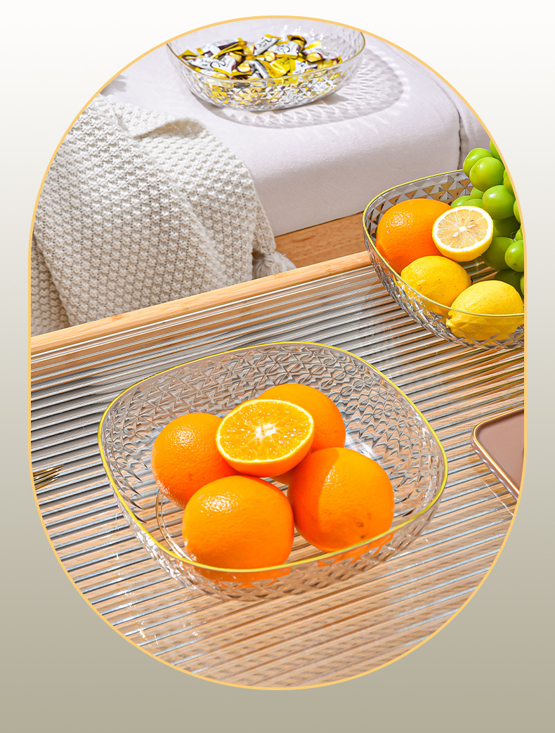 Light luxury style PET fruit plate, transparent round fruit plate, home living room snack and dried fruit plate, gold-rimmed storage plate pic 3