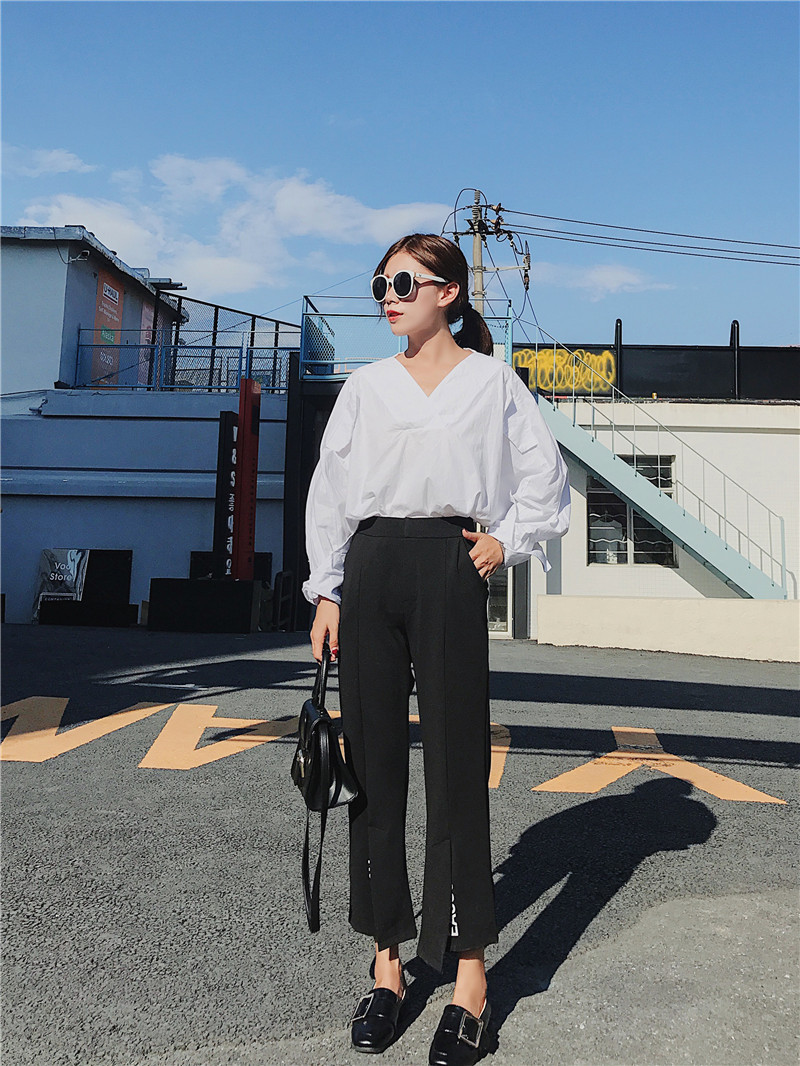 High-waisted, letter-printed black, slightly flared, fashionable, slit straight 9-inch casual pants pic 7
