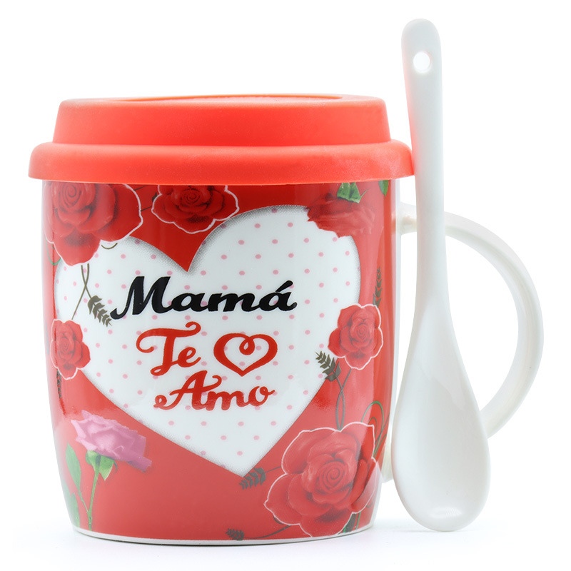 西文母亲节杯子西语母亲节马克杯礼品陶瓷杯牛奶杯带硅胶盖柄勺套装礼物支持定制logo免费设计详情5