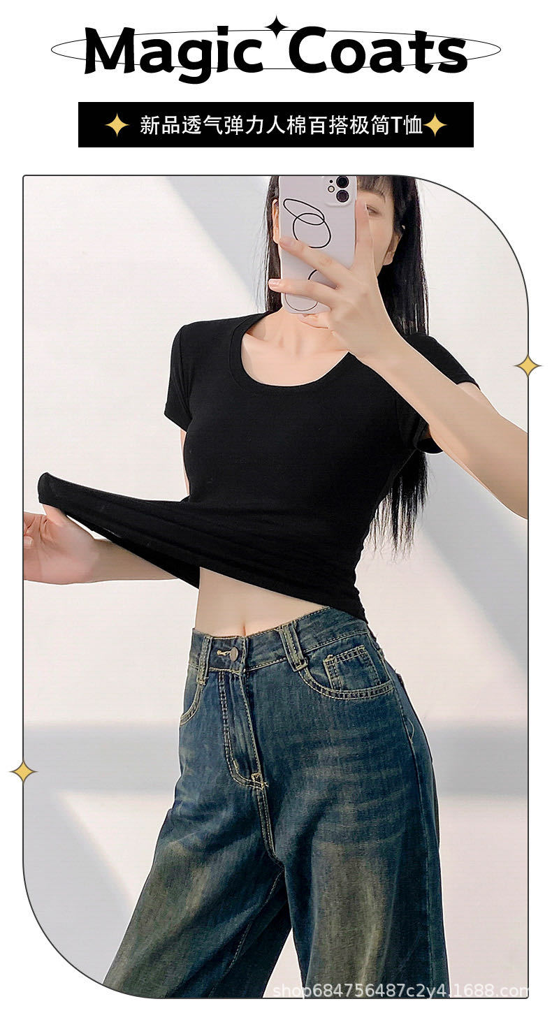 美式修身短袖T恤女2025夏季新款收腰圆领体恤甜辣短款小上衣打底详情1