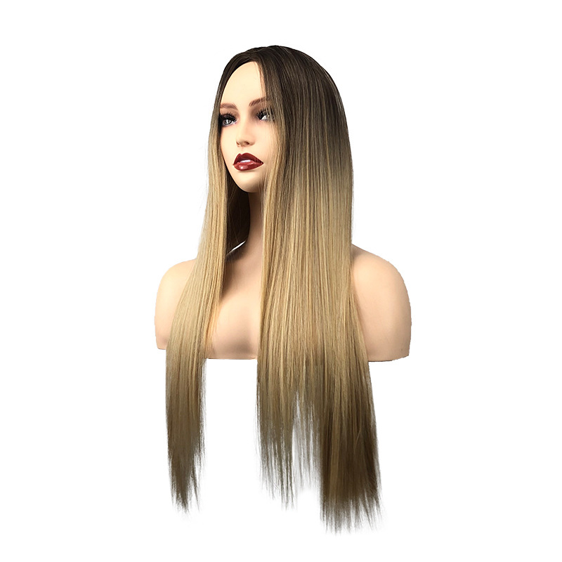 Aliexpress Foreign Trade European and American new blonde blonde matte silk gradient gold long straight hair rose net wig cover pic 2