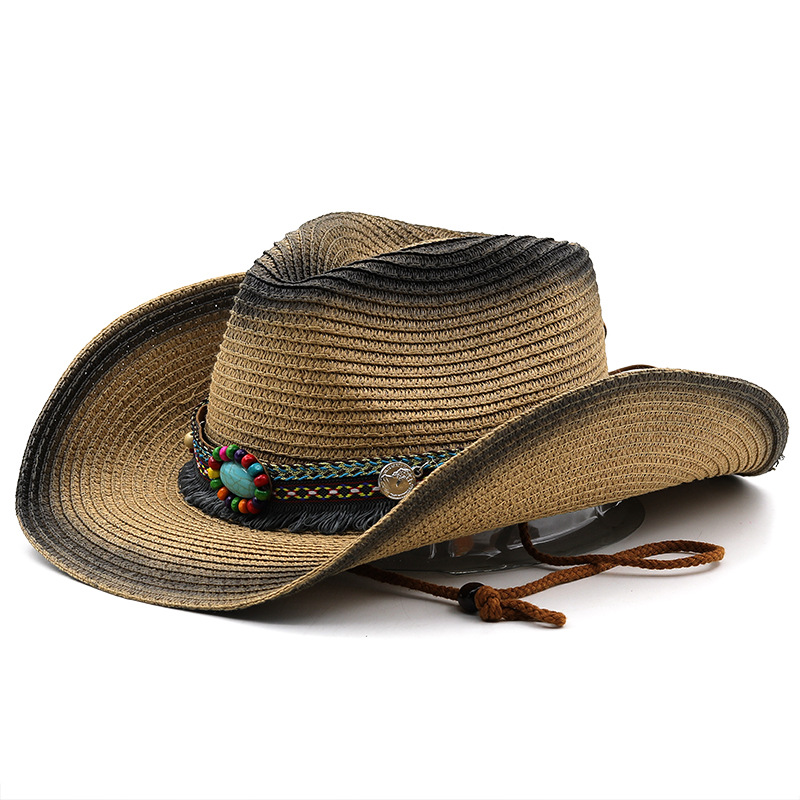 Spring and summer Bohemian-style western cowboy straw hat cross-border trade foldable windproof rope Tibetan top hat pic 10