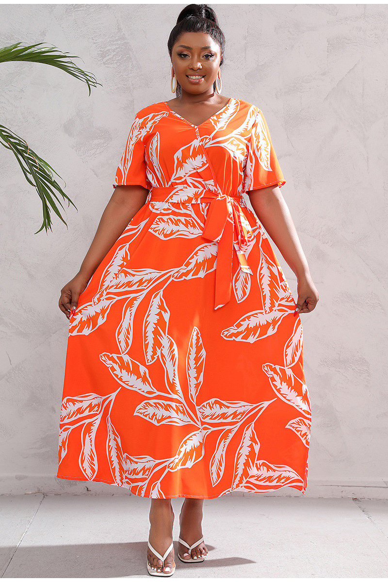 2024 Cross-border new French-style elegant plus-size dress with a V-neck, short sleeve and cinched waist, featuring a simple floral design pic 46