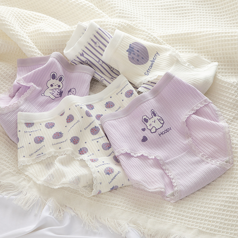 Tingweiya Japanese-style cute purple girl cartoon rabbit threaded cotton strawberry girl student mid-waist underwear for girls pic 36