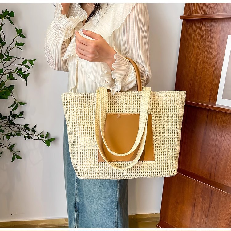 新款大容量百搭草编包女松弛感日系潮流手提单肩包度假旅行沙滩包详情10