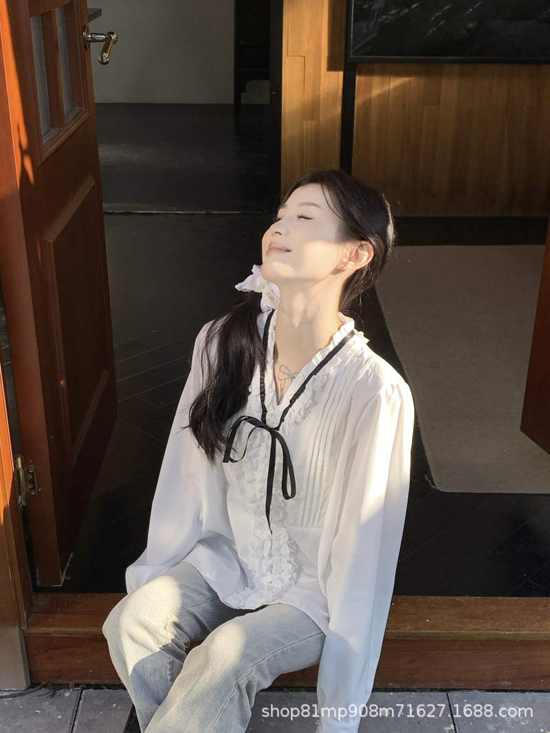 法式千金早春压褶小众气质名媛甜美系带蝴蝶结衬衫女长袖白衬衣女详情16