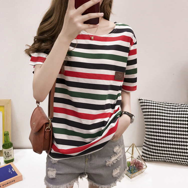 批发2022夏季新款韩版条纹短袖t恤女士宽松衣服上衣女装一件代发详情25