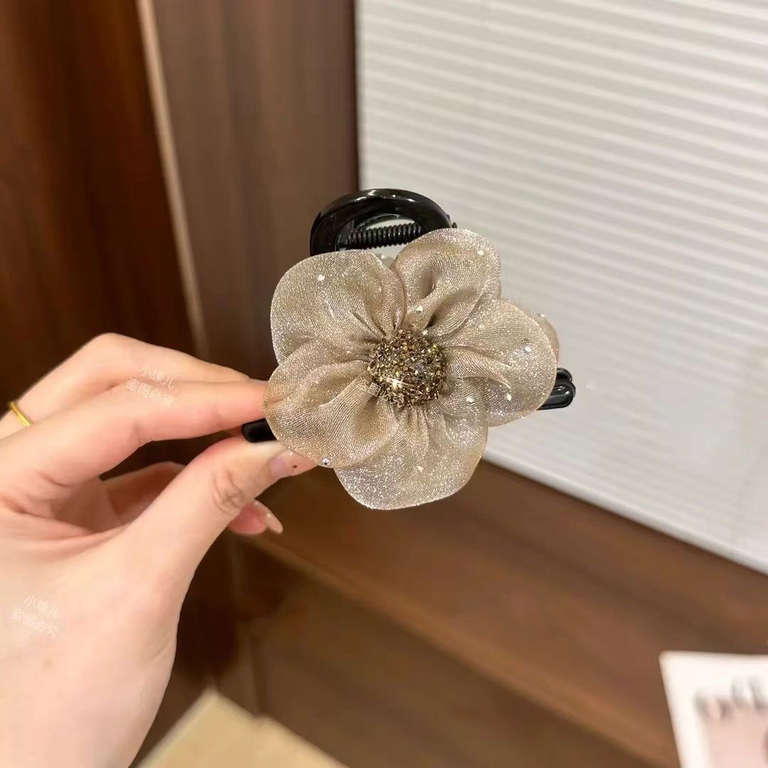 2025 New Sparkling diamond flower hair clip, feminine charm, shark clip at the back of the head, Korean-style mesh sunflower grab clip hair accessory pic 4