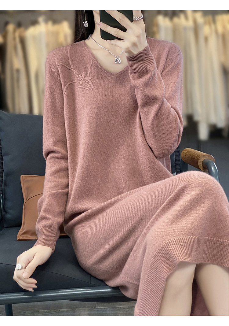 Новое элегантное платье с вырезом V-воротничковой вышивкой, осеннее и зимнее pic 16