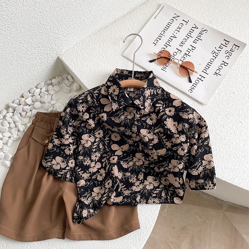 儿童夏装套装男童夏季新款童装女宝复古港风碎花短袖衬衫两件套潮详情12