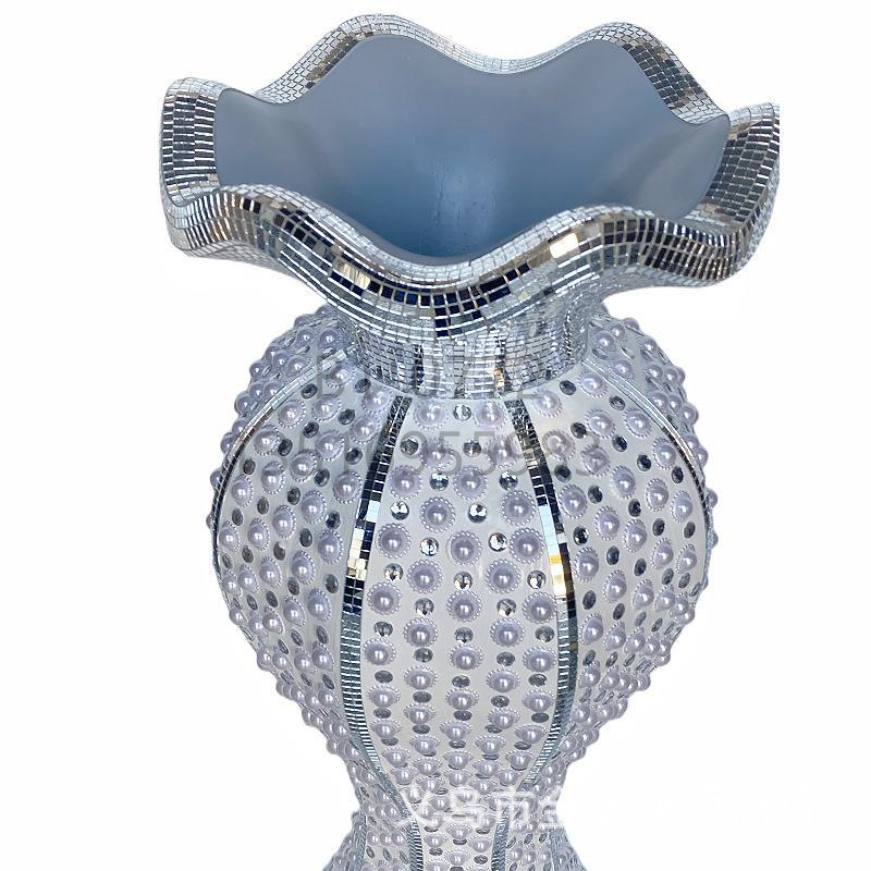 Golden Castle Vase, European-style simple vase with diamond bead glass lens, floor-standing vase, trumpet flower-shaped flower pot, living room, hotel, home, shopping mall, ceramic decoration pic 22