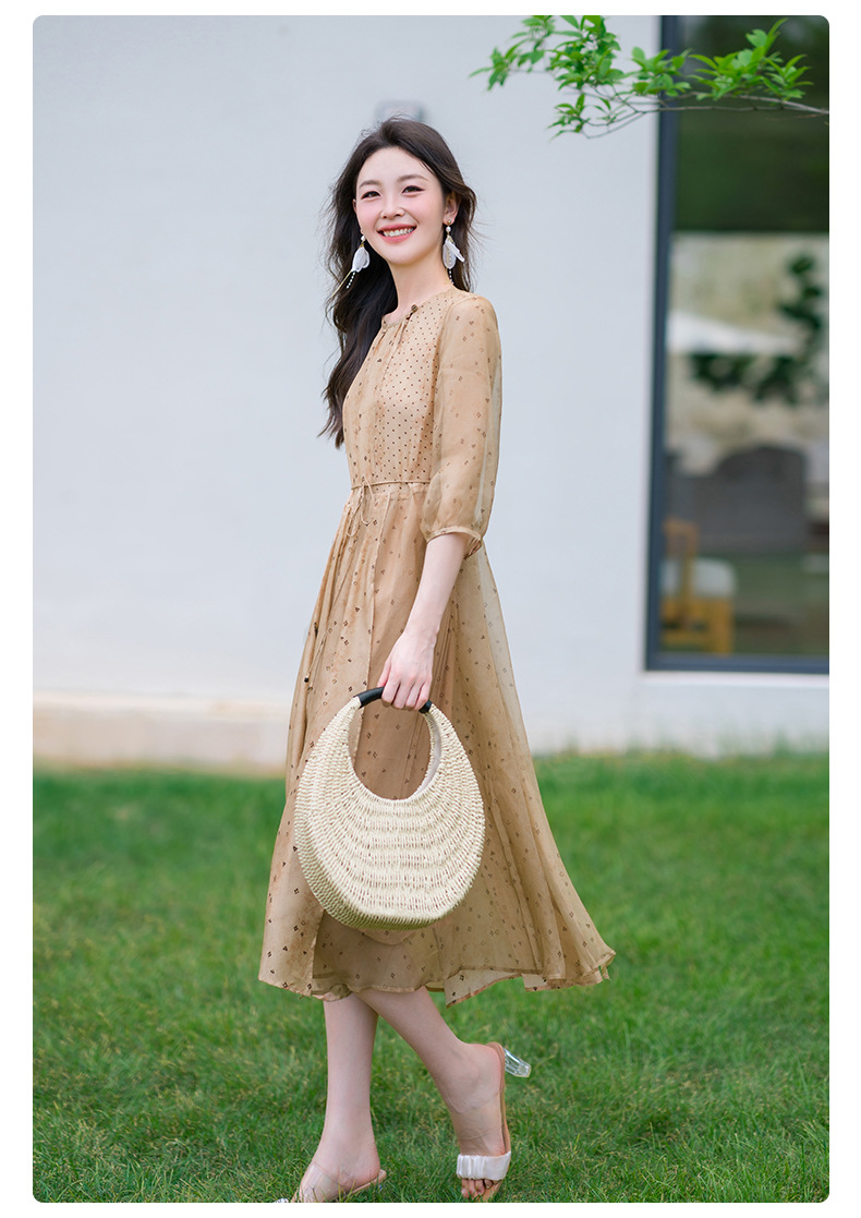 荣太设计师定染黑桃印花真丝连衣裙女拼接欧根纱桑蚕丝裙子系带详情22