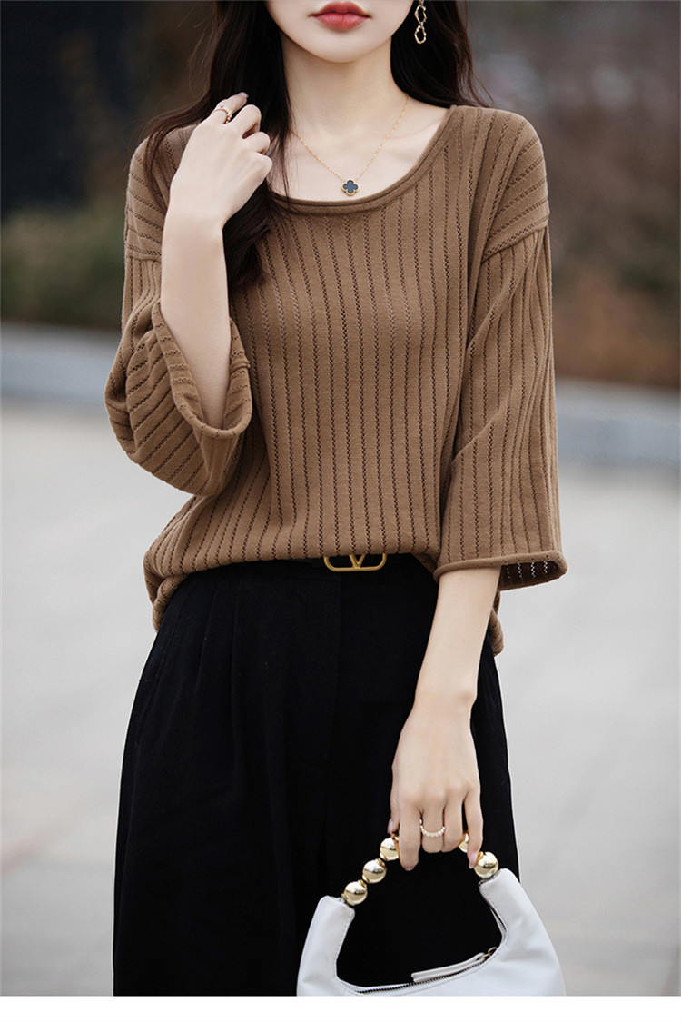 七分袖中袖夏女装纯棉镂空针织套头T恤清凉针织衫宽松版套头大码详情18