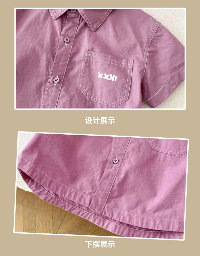 The 2024 summer new Korean-style boys' solid-color embroidered shirt, top and shorts two-piece set is trendy pic 23