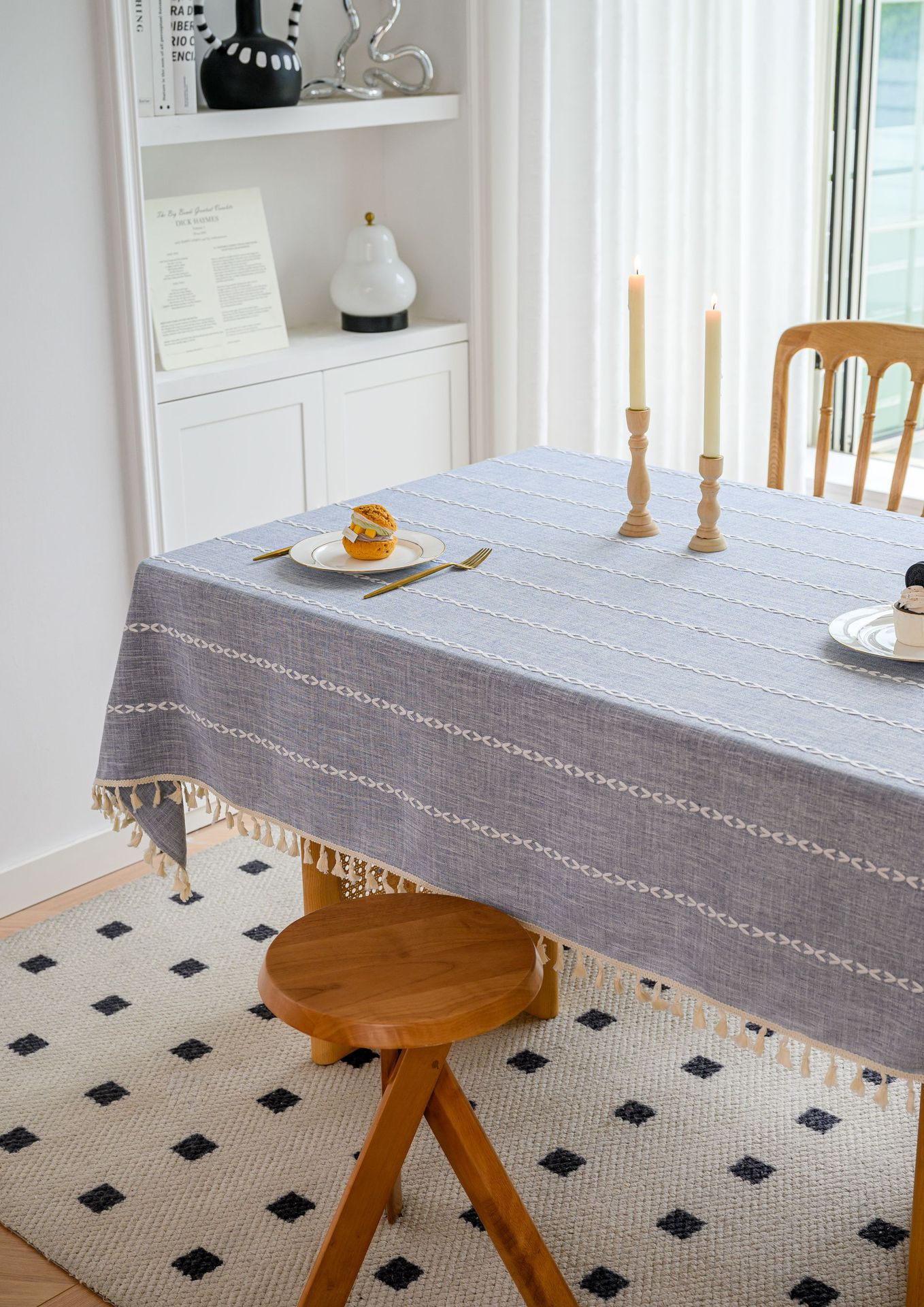 Cross-border three-dimensional embroidered striped tablecloth, popular black solid color, white cotton and linen tablecloth cover, fabric outdoor party pic 53