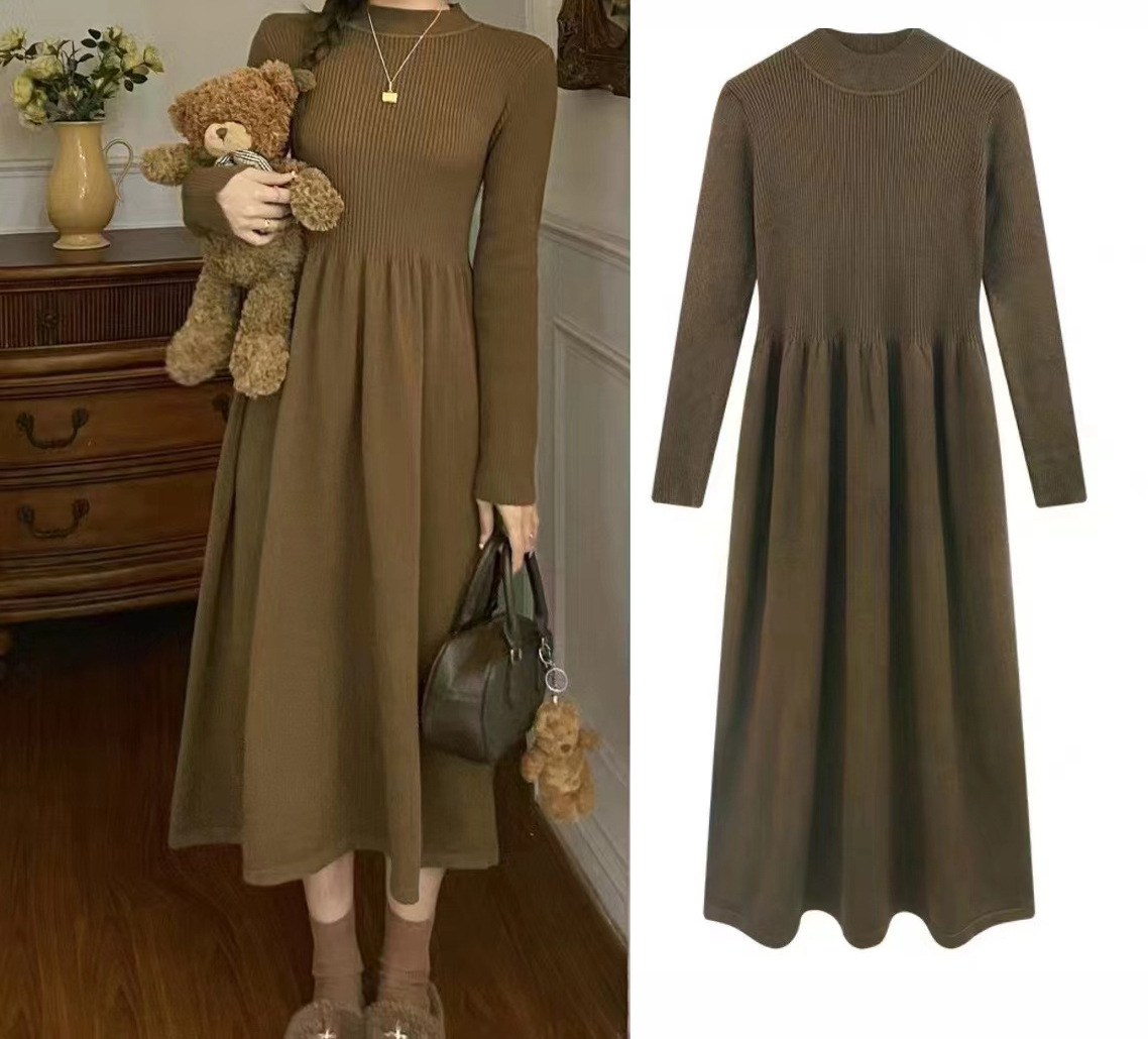Semi-high neck mid-length elegant woolen dress, new autumn/Winter 2024 Korean-style long-sleeved base knitted dress for women pic 50