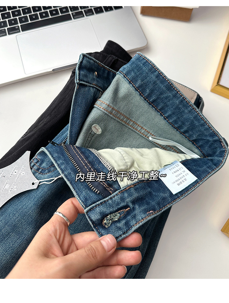 Close your eyes and join the series! New four-sided stretch fleece jeans for women in autumn and winter, slim and leg-slimming, straight-leg wide-leg pants pic 36