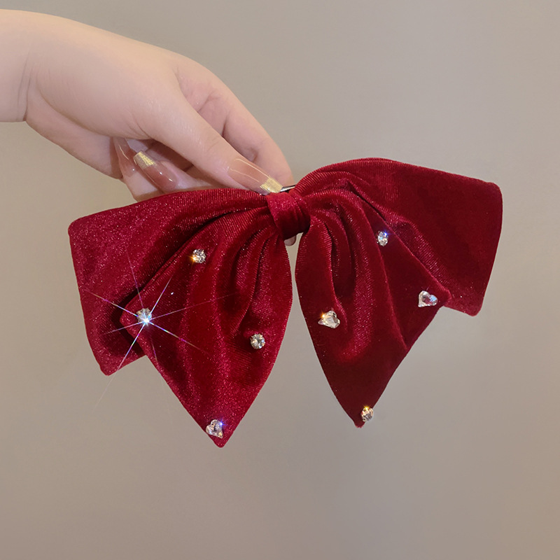 Korean elegant velvet double-layer bow spring water back hair clip, stylish top clip water diamond embellished hair clip pic 5
